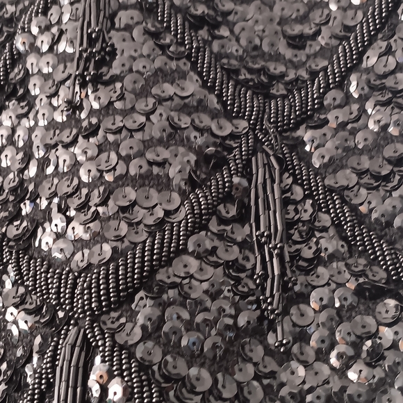 Cyn Les Vintage Black Sequin Beaded Fringe Party Evening Top Wool M - Picture 5 of 8